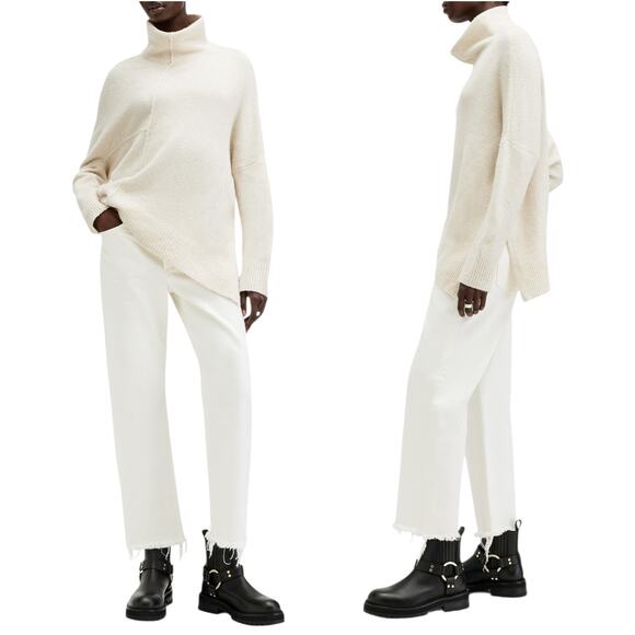 Allsaints Ivory White Cream Lock Roll Neck Asymmetric Wool Turtleneck Sweater - Picture 5 of 12